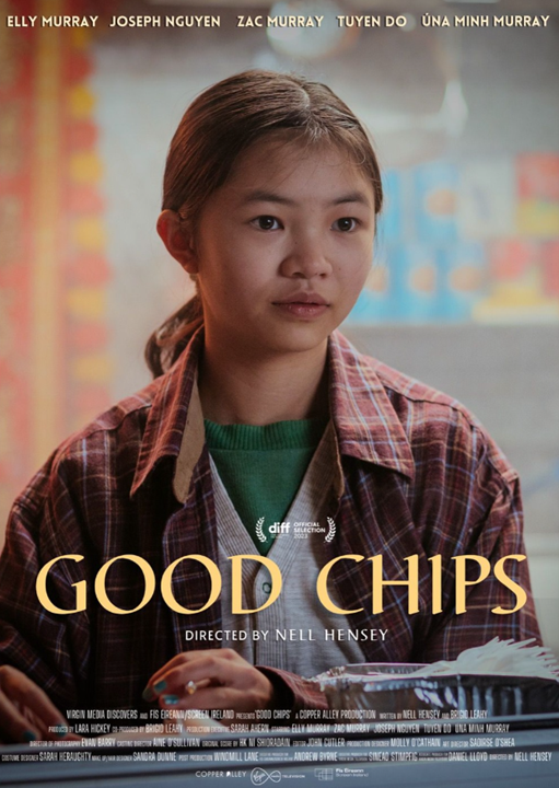 A poster of a Vietnamese girl wearing a red shirt. It says Good Chips in yellow