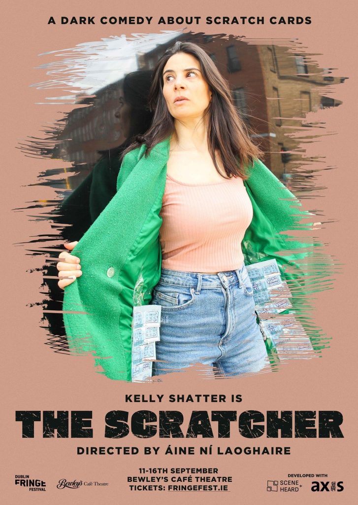 A poster with the title 'The Scratcher' on an orange background with etchings scratched off. Underneath is a woman with dark hair wearing a green coat with scratch cards on the inside. 
