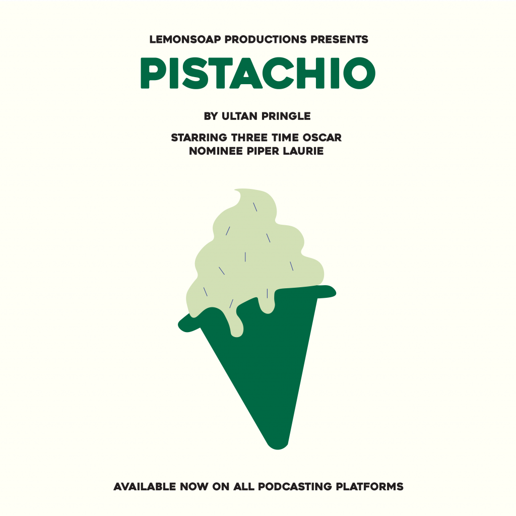 A green ice cream with the word Pistachio above it in green, on a white background.